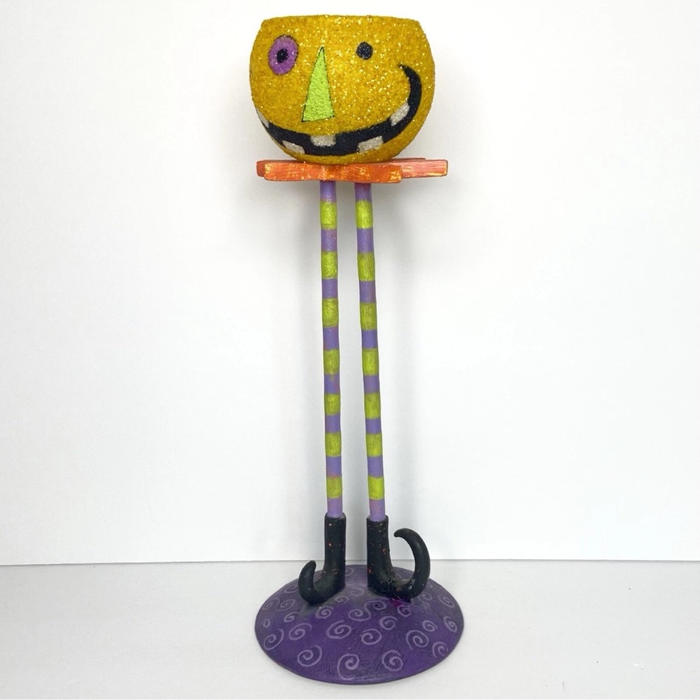Department 56  VTG Yellow Glitter Pumpkin with Purple & Green Striped Legs RARE